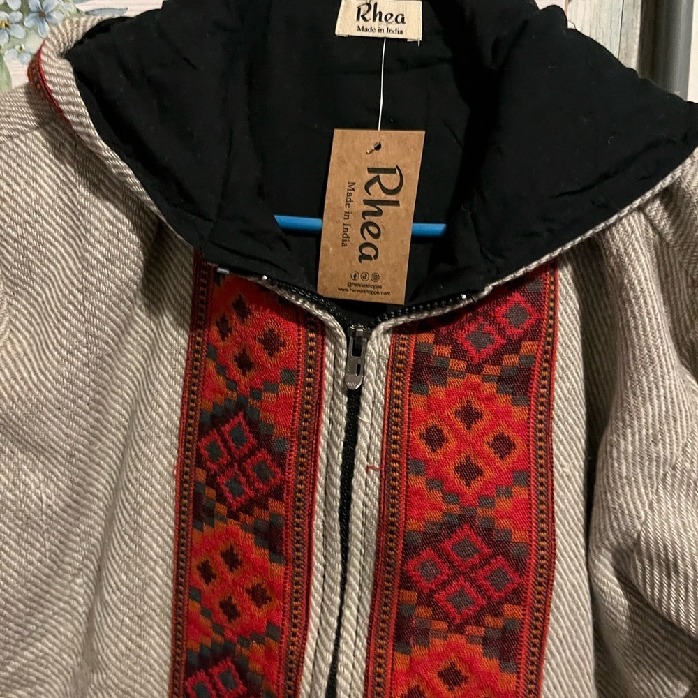Rhea Red and Gray Tribal Look Unisex Bomber Jacket Front Zip Hoodie - Picture 5 of 6